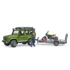 Land Rover Defender met trailer en Scrambler Ducati Full Throttle (Bruder)
