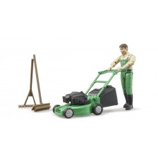 Tuinman met grasmaaier en accessoires 1:16