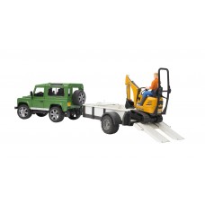 Land Rover Defender met trailer, JCB micro kraan en arbeider 1:16 (Bruder)